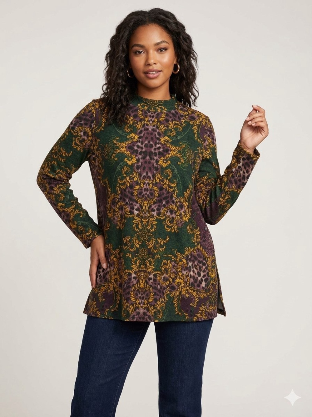Susan Graver Green & Purple Printed Long Sleeve Tunic with Gold Accents